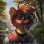  2021 anthro artist_name blue_eyes blue_sky blurred_background brown_body brown_fur brown_hair bust_portrait creek dated fangs front_view fur glistening glistening_eyes hair hi_res looking_at_viewer male mylafox open_mouth open_smile pink_tongue plant portrait rock short_hair shrub signature sky smile solo species_request text tongue tree url whiskers yellow_body yellow_fur 