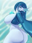  2022 absurd_res big_breasts breasts butt digital_media_(artwork) faejunkie featureless_breasts female gardevoir generation_3_pokemon hair hair_over_eye hi_res huge_breasts humanoid looking_at_viewer nintendo one_eye_obstructed pokemon pokemon_(species) signature solo video_games 