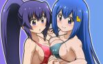  2girls :d alpaca_hair_ornament awa bandou_marimo blue_eyes blue_hair blush breasts cleavage closed_mouth hair_ornament long_hair looking_at_viewer multiple_girls open_mouth oshimoto_yuri ponytail purple_eyes purple_hair simple_background smile swimsuit teekyuu 