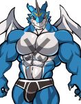  2022 abs absurd_res anthro bandai_namco barazoku biceps big_bulge big_muscles big_pecs bulge claws clothed clothing darknaigart digimon digimon_(species) exveemon hi_res horn huge_muscles looking_at_viewer male markings muscular muscular_anthro muscular_male navel obliques pecs scales simple_background smile solo standing teeth topless topless_anthro topless_male underwear white_background wings 