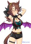  +++ 1girl animal_ears armpits arms_behind_head arms_up bangs belt black_gloves black_horns black_shirt black_shorts blue_eyes bracelet breasts brown_belt brown_hair cleavage cleavage_cutout closed_eyes clothing_cutout cowboy_shot cropped_shirt days_in_a_flash_(umamusume) demon_horns demon_wings ear_ornament elbow_gloves fur_armlet gloves grin halloween halloween_costume halterneck horns horse_ears horse_girl horse_tail jewelry long_hair looking_at_viewer low_wings medium_breasts mejiro_palmer_(devil_in_the_moonlight)_(umamusume) mejiro_palmer_(umamusume) midriff navel official_alternate_costume purple_wings seki_(hyokosho) shirt short_shorts shorts simple_background single_glove smile solo sparkle standing tail textless_version thigh_strap twitter_username umamusume white_background wings 