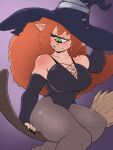  2022 absurd_res big_breasts breasts broom broom_riding cleaning_tool cleavage clothed clothing cyclops female green_eyes hair hat headgear headwear hi_res humanoid humanoid_pointy_ears io_(lurkin) lurkin not_furry orange_hair simple_background smile solo witch_hat 