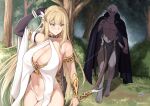 1boy 1girl abs absurdres arm_up arrow_(projectile) bangs bare_shoulders barefoot black_cape black_sclera blonde_hair bow_(weapon) breasts bush cape cleavage colored_sclera colored_skin dagger dark_elf dress elbow_gloves elf fantasy forest gem gloves grey_skin hair_ornament highres holding holding_arrow holding_bow_(weapon) holding_dagger holding_knife holding_weapon knife large_breasts long_hair maskwolf muscular muscular_male nature navel no_pupils original pectorals pelvic_curtain pointy_ears quiver red_eyes red_gemstone reverse_grip short_hair single_glove thighs toned toned_male tree very_long_hair walking weapon white_dress white_hair 