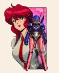  1girl absurdres armor bangs breasts bubblegum_crisis collared_shirt copyright_name dated david_liu full_body green_eyes highres long_hair long_sleeves medium_breasts multiple_views necktie nene_romanova open_mouth power_armor red_hair red_necktie shirt signature smile straight-on white_shirt 