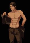  1boy abs artist_name blustock brown_hair brown_pants chest_hair collarbone eren_yeager expressionless green_eyes highres male_focus male_pubic_hair pants pubic_hair shingeki_no_kyojin solo toned toned_male topless_male watermark 