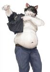  anthro belly_overhang belt black_hair bottomwear cettus clothing domestic_cat dressing felid feline felis fur hair hi_res love_handles male mammal overweight overweight_anthro overweight_male pants shirt simple_background solo standing stretch_marks tight_clothing topwear white_background white_body white_fur 