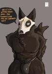  anthro canid canine canis clothing cosplay costume dialogue english_text epicbassface halloween hi_res holidays looking_up male mammal mask muscular scp-1471 scp_foundation sitting skull_mask solo text thong underwear wolf 