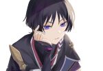  1boy 448041737 arm_armor bangs black_hair black_shirt blunt_bangs closed_mouth fingernails genshin_impact hair_between_eyes hand_on_own_face hand_up looking_at_viewer male_focus mandarin_collar no_headwear pom_pom_(clothes) purple_eyes scaramouche_(genshin_impact) shirt short_hair short_sleeves simple_background solo teeth upper_body v-shaped_eyebrows white_background 