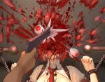  1boy 1girl arknights blood corpse execution eyeball fiammetta_(arknights) gun gunshot_wound guro hetero holding holding_gun holding_weapon necktie paid_reward_available pov red_necktie shackled shirt solo_focus tokagex tongue tongue_out weapon white_shirt 