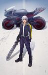  1boy aqua_eyes artist_name biker_clothes black_footwear black_gloves black_jacket blue_pants boots earrings fingerless_gloves full_body gloves grey_hair ground_vehicle hair_between_eyes highres holding holding_weapon jacket jewelry keyblade kingdom_hearts looking_at_viewer male_focus mickey_mouse motor_vehicle motorcycle pants pineapplebreads riku_(kingdom_hearts) road shirt short_hair single_earring solo standing sticker weapon white_shirt 