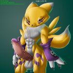  anthro armwear balls bandai_namco bare_shoulders big_penis bodily_fluids canid canine claws clothing colored crossgender dated detached_sleeves digimon digimon_(species) digimorph edit facial_markings fox fur genital_fluids genitals hand_on_leg head_markings humanoid_genitalia humanoid_penis long_ears long_tail male mammal markings muscular neck_tuft penis renamon signature solo standing tiquitoc tuft white_body white_fur xylas yellow_body yellow_fur yin_yang 