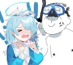  &gt;_&lt; 1boy 1girl ^_^ absurdres anger_vein arona_(blue_archive) bangs blue_archive blue_hair blue_shirt blush bow bow_hairband bowtie choker closed_eyes goggles goggles_on_head hairband highres long_sleeves medium_hair nose_blush open_mouth sailor_collar sensei_(blue_archive) sh_(562835932) shirt snorkel snot snot_trail trembling upper_body 