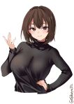  1girl black_shirt blush bob_cut breasts brown_eyes brown_hair ebifurya hair_between_eyes hand_on_hip highres hyuuga_(kancolle) kantai_collection large_breasts lips long_sleeves looking_at_viewer one-hour_drawing_challenge shirt short_hair simple_background skin_tight solo turtleneck twitter_username upper_body white_background 