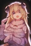  1girl absurdres angry animal_ears blonde_hair breasts butterfly_hair_ornament dress fur-trimmed_dress fur_trim gloves hair_ornament hairclip highres hololive horns large_breasts long_hair mucuun_yin open_mouth paw_pose purple_eyes sheep_ears sheep_girl sheep_horns solo tsunomaki_watame very_long_hair virtual_youtuber white_dress white_gloves 