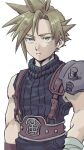  1boy als8za armor bandaged_arm bandages belt blonde_hair blue_eyes blue_pants blue_shirt cloud_strife cowboy_shot earrings final_fantasy final_fantasy_vii gloves hair_between_eyes jewelry male_focus muscular muscular_male muted_color pants shirt short_hair shoulder_armor single_bare_shoulder single_earring sleeveless sleeveless_turtleneck solo spiked_hair suspenders turtleneck white_background 
