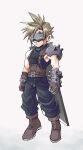  1boy als8za armor baggy_pants bandaged_arm bandages belt blonde_hair blue_pants blue_shirt boots brown_footwear brown_gloves buster_sword cloud_strife covered_eyes earrings final_fantasy final_fantasy_vii final_fantasy_vii_remake full_body gloves hair_between_eyes headset highres jewelry male_focus multiple_belts muscular muscular_male pants shirt short_hair shoulder_armor single_bare_shoulder single_earring sleeveless sleeveless_turtleneck solo spiked_hair suspenders turtleneck virtual_reality weapon weapon_on_back 