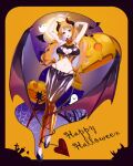  1girl armpits arms_up bat_wings breasts cleavage_cutout clothing_cutout crazy_otama demon_horns demon_tail demon_wings full_body halloween halloween_costume happy_halloween highres horns large_breasts long_hair looking_at_viewer midriff nami_(one_piece) navel one_piece orange_eyes orange_hair pants pumpkin shiny shiny_clothes solo tail tongue tongue_out wings 