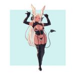  1girl absurdres animal_ears armpits arms_up bangs black_corset black_footwear black_gloves black_panties blue_background boku_no_hero_academia boots border breasts chagallkun cleavage corset cropped_shirt cross-laced_clothes curled_horns dark-skinned_female dark_skin demon_horns demon_tail elbow_gloves fangs full_body gloves highres horns large_breasts long_eyelashes long_hair looking_at_viewer micro_bra mirko navel panties parted_bangs rabbit_ears rabbit_girl red_eyes shirt sleeveless sleeveless_shirt solo tail thick_thighs thigh_boots thigh_gap thighs turtleneck underboob underwear very_long_hair white_border white_hair 