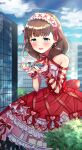  1girl absurdres bangs bare_shoulders blue_sky blush brown_hair building bus city cloud dress earrings giant giantess green_eyes ground_vehicle highres idolmaster idolmaster_cinderella_girls jewelry motor_vehicle open_mouth outdoors red_dress red_ribbon ribbon sakuma_mayu short_hair sky smile solo toririririre tree wrist_cuffs 