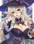  1girl bangs breasts cleavage corrin_(fire_emblem) corrin_(fire_emblem)_(female) dress earrings fire_emblem fire_emblem_fates fire_emblem_heroes hair_between_eyes hat highres jewelry karashino long_hair looking_at_viewer official_alternate_costume open_mouth pointy_ears purple_nails red_eyes solo twitter_username upper_body white_hair witch_hat 
