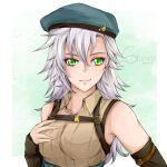  1girl artist_name beret eiyuu_densetsu fie_claussell green_eyes hand_on_own_chest hat kuro_no_kiseki long_hair looking_at_viewer portrait silenia solo upper_body white_hair 