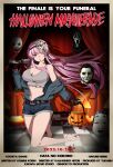  1girl absurdres blood blood_stain character_request copyright_request cosplay friday_the_13th grey_vest halloween halloween_(movie) hata_no_kokoro highres jason_voorhees long_hair mask movie_poster pink_eyes pink_hair pumpkin scream_(movie) short_shorts shorts touhou vest 