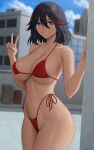  1girl alternate_breast_size bare_shoulders bikini black_hair blue_eyes breasts cityscape cleavage collarbone cowboy_shot english_commentary grin hair_between_eyes highleg highleg_bikini highres kill_la_kill large_breasts looking_at_viewer matoi_ryuuko medium_hair multicolored_hair navel outdoors red_bikini red_hair shirt smile solo streaked_hair swimsuit v zaphn 