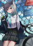  1girl absurdres animal_ear_fluff bag bangs black_skirt blue_archive blue_jacket blurry blurry_foreground blush breasts chain-link_fence closed_mouth cloud cowboy_shot cross_hair_ornament duffel_bag e_buki fence gloves green_eyes green_gloves grey_hair hair_ornament halo highres jacket long_hair long_sleeves looking_at_viewer off_shoulder outdoors pleated_skirt scarf shiroko_(blue_archive) shiroko_(cycling)_(blue_archive) shirt shirt_tucked_in sign sitting skirt small_breasts solo white_shirt 