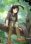  1girl :/ absurdres ahoge animal_hood black_eyes black_hair black_mamba_(kemono_friends) blurry blurry_background boots branch closed_mouth day drawstring expressionless eyelashes fingernails full_body hand_rest highres hood hood_up hoodie huge_ahoge in_tree kemono_friends leaf leaning_forward long_tail looking_at_viewer nso_mono outdoors pantyhose sitting sitting_in_tree skirt snake_hood snake_tail solo tail tree tsurime 