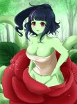  1girl absurdres alraune bangs bare_arms bare_shoulders black_hair blunt_bangs bottomless breasts cleavage colored_skin colored_tongue floating_hair flower green_skin green_tongue groin hand_on_hip heart heart_in_eye highres large_breasts leaf long_hair monster_girl multicolored_hair navel open_mouth original pink_hair plant_girl ponytail red_eyes red_flower red_rose rose smile solo strapless streaked_hair symbol_in_eye thorns togeshiro_azami tree two-tone_hair 
