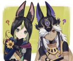  2boys ? animal_ear_fluff animal_ears animal_hat arabian_clothes bangs black_choker black_gloves black_hair black_headwear black_ribbon border bright_pupils brown_eyes choker closed_mouth collarbone commentary_request crop_top crossed_arms cyno_(genshin_impact) dark-skinned_male dark_skin drawstring earrings expressionless flower fox_boy fox_ears genshin_impact gloves gold_trim green_background green_eyes green_hair hair_between_eyes hair_over_one_eye hand_on_own_chin hand_up hat highres hood hood_down hoodie jackal_ears jewelry long_hair long_sleeves looking_at_viewer male_focus medal multicolored_clothes multicolored_eyes multicolored_hair multiple_boys necklace one_eye_covered outside_border parted_bangs red_eyes ribbon short_hair short_sleeves sidelocks single_earring streaked_hair swept_bangs tassel tighnari_(genshin_impact) upper_body white_border white_hair white_pupils woooi wrist_cuffs yellow_flower 