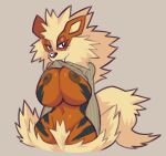  anthro arcanine big_breasts breasts brown_nipples cheek_tuft clothing crotch_tuft eyelashes facial_tuft female fluffy fluffy_tail generation_1_pokemon half-closed_eyes half-length_portrait hands_behind_back leg_tuft looking_at_viewer narrowed_eyes nintendo nipples orange_body pokemon pokemon_(species) portrait sweater_lift tuft video_games vymbiosis wide_hips 