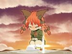  &gt;_&lt; 1girl animal_ears braid cat_ears chibi closed_eyes cloud cloudy_sky constipation diffraction_spikes fang highres kaenbyou_rin orange_sky red_hair sky solo squat_toilet squatting sunset touhou trembling twilight twin_braids zuttokodomo 