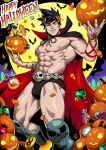  1boy abs bara black_cape black_hair black_sclera bracelet bulge cape colored_sclera fangs green_eyes hades_(game) halloween halloween_costume happy_halloween heterochromia highres holding jack-o&#039;-lantern jewelry large_pectorals laurel_crown male_focus muscular muscular_male navel nipples pectorals popped_collar pumpkin red_eyes short_hair skull solo thighs vampire vampire_costume xelgot zagreus_(hades) 