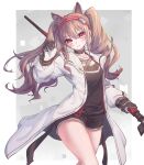  1girl angelina_(arknights) animal_ears arknights bangs black_shirt black_shorts border cowboy_shot fox_ears fox_girl hairband head_tilt highres holding holding_staff jacket leiyuanbao long_hair looking_at_viewer outside_border pink_eyes shirt short_shorts shorts solo staff twintails two-tone_gloves white_border white_jacket 