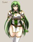  1girl :o armor belt blush boots breastplate breasts commission dress elbow_gloves erinys_(fire_emblem) fingerless_gloves fire_emblem fire_emblem:_genealogy_of_the_holy_war fire_emblem_heroes gloves green_eyes green_gloves green_hair highres long_hair looking_at_viewer pauldrons pegasus_knight_uniform_(fire_emblem) pixiv_request short_dress shoulder_armor solo thigh_boots very_long_hair white_dress yozu_(yozu0420) zettai_ryouiki 