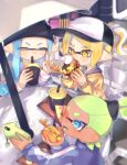  1boy 2girls blonde_hair blue_eyes blue_hair closed_eyes cup dark_skin food green_hair grey_jacket hat holding holding_cup holding_food holding_phone inkling inkling_boy inkling_girl jacket long_sleeves multiple_girls open_mouth outdoors phone ponytail saku0642 school_uniform selfie sharp_teeth short_hair shrimp smile splatoon_(series) splatoon_2 sweater sweater_vest table teeth twintails umbrella v white_headwear white_sweater white_umbrella yellow_eyes yellow_sweater_vest 