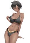  1girl bare_shoulders black_bra black_hair bra breasts cameltoe cleavage collarbone cowboy_shot dark_skin hair_between_eyes highres invisible_table kurobe_natsumi_(shiromanta) large_breasts leaning_back looking_at_breasts navel sebakanken senpai_ga_uzai_kouhai_no_hanashi short_hair simple_background solo sports_bra sportswear strap_pull sweat underwear white_background yellow_eyes 