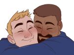  2boys artist_name beard blonde_hair blush brown_hair close-up closed_eyes couple facial_hair feet_out_of_frame highres hug male_focus mature_male multiple_boys overwatch reaper_(overwatch) scaryspookycoin short_hair signature simple_background smile soldier:_76_(overwatch) white_background yaoi 