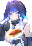  1girl absurdres bangs black_gloves blue_hair breasts chain cleavage cleavage_cutout clothing_cutout detached_sleeves english_commentary food gloves hair_intakes hairband highres hololive hololive_english looking_at_viewer meoniac ouro_kronii parted_lips sandwich shirt sleeveless sleeveless_shirt smile solo upper_body virtual_youtuber white_shirt 