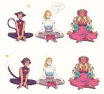  3girls adora_(she-ra) animal_ears blonde_hair blue_sclera blush brown_hair cat_ears cat_tail catra closed_mouth colored_sclera flower hair_flower hair_ornament highres long_hair looking_at_another looking_to_the_side meditation medium_hair mismatched_sclera mondaykilly multiple_girls one_eye_closed perfuma_(she-ra) she-ra_and_the_princesses_of_power tail tail_wagging thought_bubble translation_request yellow_sclera 