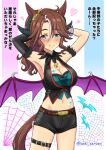  1girl animal_ears armpits arms_behind_head arms_up bangs belt black_gloves black_horns black_shirt black_shorts blue_eyes bracelet breasts brown_belt brown_hair cleavage cleavage_cutout closed_mouth clothing_cutout cowboy_shot cropped_shirt days_in_a_flash_(umamusume) demon_horns demon_wings ear_ornament elbow_gloves fang fur_armlet gloves half-closed_eyes halloween halloween_costume halterneck heart horns horse_ears horse_girl horse_tail jewelry long_hair looking_at_viewer low_wings medium_breasts mejiro_palmer_(devil_in_the_moonlight)_(umamusume) mejiro_palmer_(umamusume) midriff navel official_alternate_costume purple_wings seki_(hyokosho) shirt short_shorts shorts single_glove smile solo sparkle standing tail thigh_strap translated twitter_username umamusume wings 