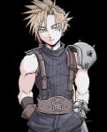  1boy als8za aqua_eyes armor bangs belt black_background blonde_hair blue_pants blue_shirt brown_belt brown_gloves buster_sword cloud_strife cowboy_shot earrings final_fantasy final_fantasy_vii gloves hands_in_pockets jewelry looking_at_viewer male_focus muscular muscular_male pants parted_bangs shirt short_hair shoulder_armor single_bare_shoulder single_earring sleeveless sleeveless_turtleneck solo spiked_hair standing suspenders turtleneck weapon weapon_on_back 