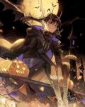  black_cloak black_clover black_hair black_pants black_shirt cloak demon demon_horns demon_wings facial_mark halloween highres hood hooded_cloak horns nacht_faust pants ponytail pumpkin red_eyes rooftop shirt sitting_on_roof sitting_on_shoulder strap tsugutoku wings 