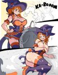  1girl ass bracelet breasts cauldron cleavage closed_eyes covering_nipples dress facial_tattoo halloween_costume hand_on_hip hat high_heels highres jewelry large_breasts lewdamone multicolored_clothes multicolored_dress nami_(one_piece) necklace one_piece open_mouth orange_dress orange_eyes orange_hair purple_dress solo star_(symbol) stirring tattoo thick_thighs thighhighs thighs torn_clothes witch witch_hat 