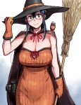  1girl adjusting_clothes adjusting_headwear bird blush broom camera cape character_request copyright_request dress glasses gloves halloween_costume hat highres looking_at_viewer orange_dress orange_gloves simple_background smile solo tsuda_nanafushi white_background witch witch_hat 