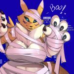  2022 4_fingers anthro bandage bandai_namco big_breasts blue_eyes breasts digimon digimon_(species) digital_media_(artwork) dipstick_ears english_text female fingers front_view fur hi_res looking_at_viewer multicolored_ears renamon solo text zinnick 