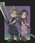  1boy 1girl aerith_gainsborough als8za armor baggy_pants bangle bangs belt blonde_hair blue_eyes blue_pants blue_shirt boots border bracelet braid braided_ponytail breasts brown_belt brown_footwear brown_gloves brown_hair buttons center_opening chibi cloud_strife cropped_jacket dress earrings final_fantasy final_fantasy_vii full_body gloves green_eyes hair_between_eyes highres holding holding_staff holding_sword holding_weapon jacket jewelry long_dress long_hair pants parted_bangs pink_dress puffy_short_sleeves puffy_sleeves purple_background red_jacket shirt short_hair short_sleeves shoulder_armor sidelocks single_bare_shoulder single_earring sleeveless sleeveless_turtleneck spiked_hair staff standing suspenders sword turtleneck twitter_username weapon 