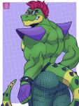  2022 alligator alligatorid anthro back_muscles biceps big_butt big_muscles border bottomwear bracelet butt clothed clothing crocodilian eyebrows eyewear facial_markings fingerless_gloves five_nights_at_freddy&#039;s five_nights_at_freddy&#039;s:_security_breach furgonomics geometric_background gloves grey_background grid_background hair handwear head_markings hi_res jewelry looking_at_viewer looking_back looking_back_at_viewer male markings mohawk montgomery_gator_(fnaf) muscular muscular_anthro muscular_male nipples non-mammal_nipples pants pattern_background pecs rear_view reptile scales scalie scottgames shoulder_pads simple_background smile solo spiked_bracelet spikes standing sunglasses teeth thick_thighs topless topless_anthro topless_male triceps video_games vier_punksterne watermark white_border 