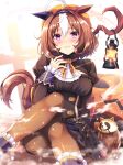  1girl ahoge akashio_(loli_ace) animal_ears black_dress blush brown_hair commentary_request dress frown hairband highres horse_ears horse_girl horse_tail juliet_sleeves lantern long_sleeves meisho_doto_(dot-o&#039;-lantern)_(umamusume) meisho_doto_(umamusume) multicolored_hair pantyhose puffy_sleeves purple_eyes sitting solo steam streaked_hair tail two-tone_hair umamusume white_hair 